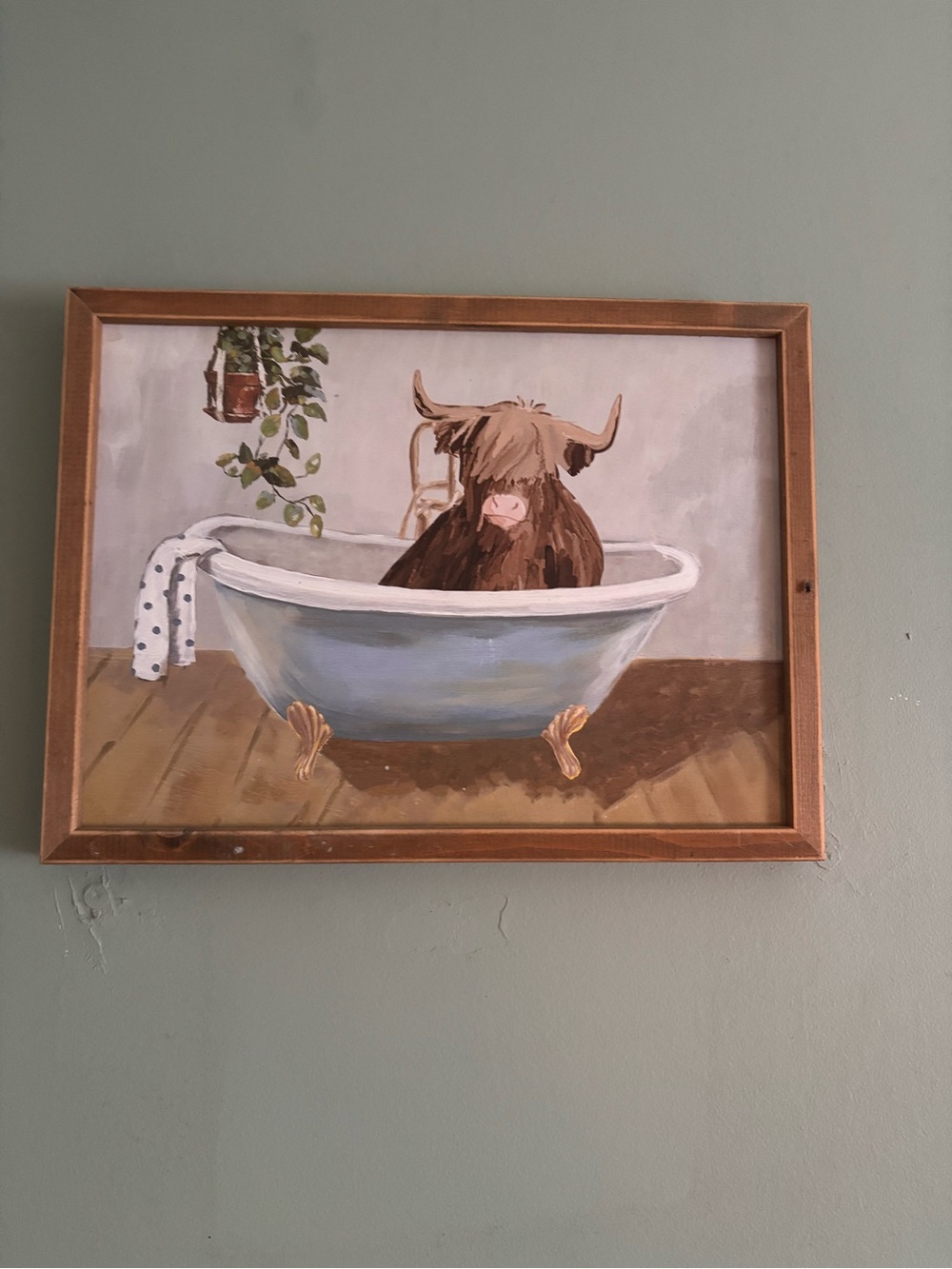 Framed Highland Cow in Bathtub Wall Art - Brown & White